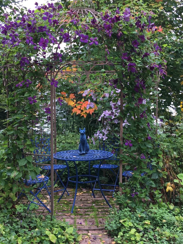 Kukkiva pergola ja puutarhahuone